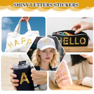 DIY shiny rhinestone letter stickers for customizing tote bags, cups, and phone cases.