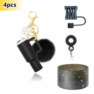 4pcs Mini Tumbler Keychain Set with Pom Pom Letter Straw Cover Silicone Boot Accessories