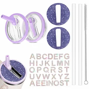 Tumbler Lid Replacement DIY Rhinestone Lid With Straw Brush And Letter Stickers Colorful Cup Cover Accessories