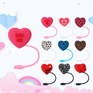 Heart-shaped silicone straw cover dimension diagram showing detailed 1 inch and 0.6 inch sizes.