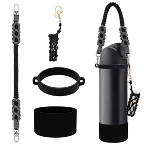 Handmade woven water bottle strap and silicone boot set with lipstick pouch for tumbler.