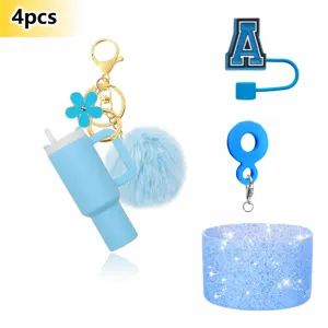 Mini tumbler keychain set 4pcs blue cup sleeve straw topper charm accessories