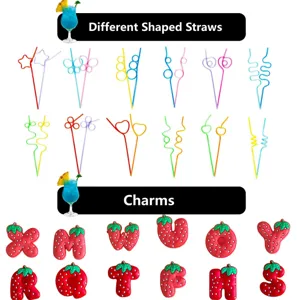 Strawberry letter charms and colorful different shaped straws for party drink decorations.