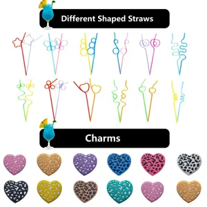Cannucce sagomate colorate e ciondoli a cuore leopardato per decorazioni di feste ed accessori.