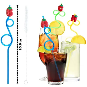 Colorful crazy loop straws with cute strawberry decorations and cleaning brush, perfect party supplies.