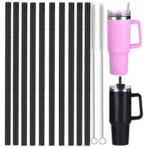 Stainless steel insulated tumbler set with glitter straw and cleaning brush detail view