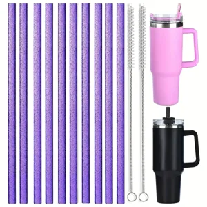 Stainless steel tumbler with glitter straws and cleaning brushes set for daily use.