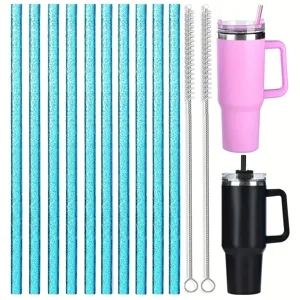 Insulated stainless steel tumbler and glitter straw set with cleaning brushes for daily use.