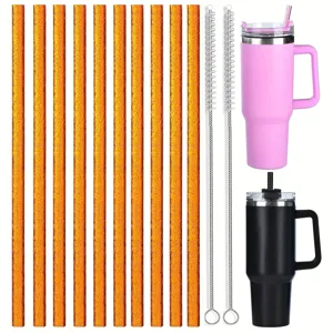 Stainless steel tumbler glitter replacement straws and cleaning brush accessory detail view