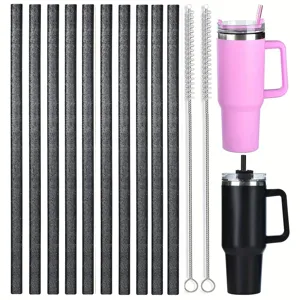 Stainless steel tumbler straw replacement set with glitter straws and cleaning brushes.