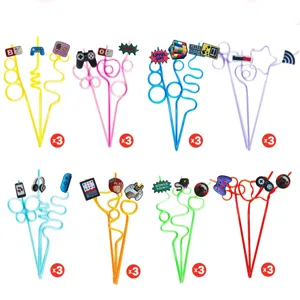 Colorful cartoon game theme novelty drinking straws with cute controller charms detail