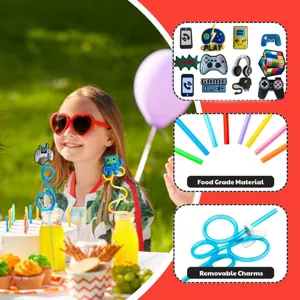 Game themed party straws with removable cartoon charms, colorful food grade drinking straws.