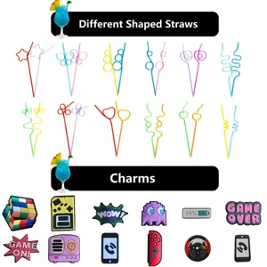 Different shaped plastic drinking straws and cute cartoon game charms set for party drinks!
