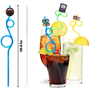 Creative game theme silicone silly straws with cute controller toppers and cleaning brush.