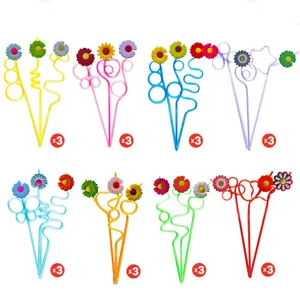 Colorful Daisy Flower Plastic Drinking Straws Cartoon Sunflower Shaped Party Straws Set For Birthday Party Supplies Decorative Drinkware