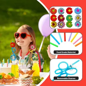 Daisy cartoon straw party accessories with removable flower charms, colorful silicone drinking.