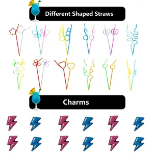 Colorful shaped straws and lightning charms set for party decoration and drink supplies.