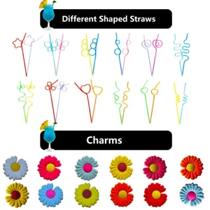 Diverse shaped drinking straws and colorful daisy flower charms for party decoration supplies.