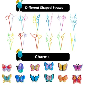 Colorful plastic shaped straws and cute cartoon butterfly charms for drinks and party decoration.