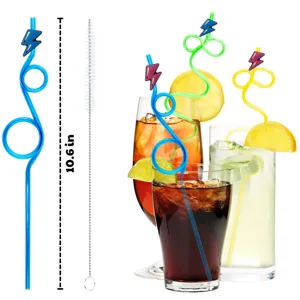 Colorful novelty plastic drinking straws with lightning decoration for party drinks and fun.