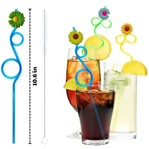 Colorful daisy cartoon crazy curly drinking straws set with flower charms and cleaning brush.