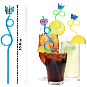 Colorful plastic crazy loop drinking straws with 3d butterfly toppers and cleaning brush detail.