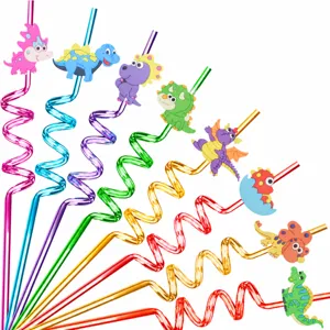 Reusable Plastic Drinking Straws Cartoon Dinosaur Design Colorful Spiral Straws For Kids Party Daily Use