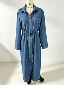 Long sleeve denim shirt dress detail, casual drawstring waist design with chest pockets.