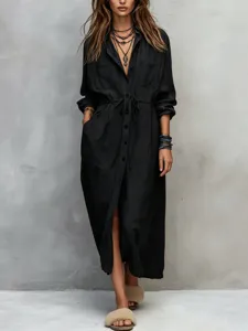 Black long sleeve shirt dress with drawstring waist and button front for women casual wear.