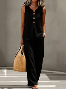 Casual summer sleeveless v-neck top and pants set detail view, stylish solid black design.