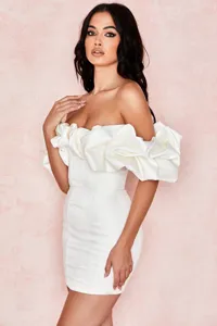 Elegant off-shoulder corset mini dress with dramatic ruffles and boning detail for women.