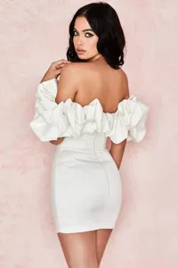 Sexy off-shoulder mini dress with boned bodice and voluminous ruffled sleeves for women.