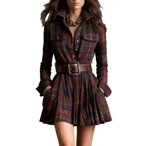 Vintage plaid shirt dress for women, long sleeve retro mini dress with belt, chic style.