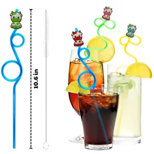 Pailles rigolotes réutilisables en plastique avec motif de vaches et brosse de nettoyage 10.6 po.