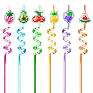 6pcs colorful fruit glitter spiral drinking straws set, fun plastic curly straw for kids party.