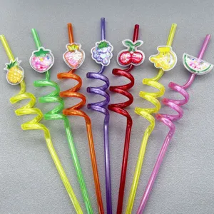 Cute fruit shaped curly plastic drinking straws with glitter charms for party drinks.