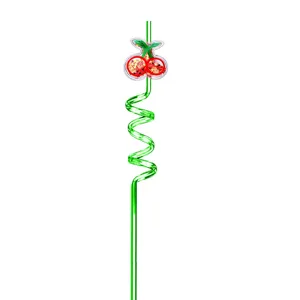 Reusable green plastic curly drinking straw with cute cherry sequin fruit decoration for parties.