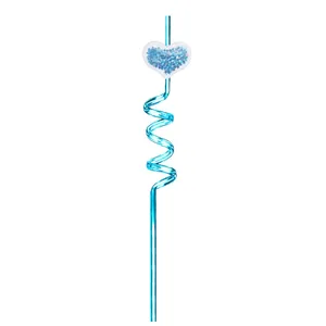 Blauwe plastic spiraal drinkrietje met glitter hart decoratie voor kinderfeestjes.