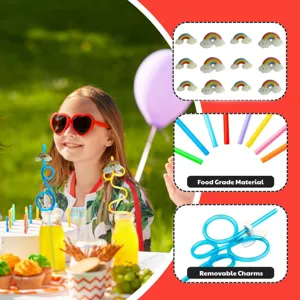 Party straw set with cute rainbow cloud charms and colorful drinking straws detail view.