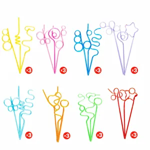 Creative party crazy drinking straws with colorful letter toppers and fun shapes, 8 sets.