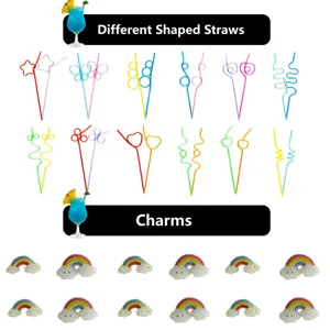 Colorful creative shaped drinking straws and cute rainbow charms set for fun party drinks decoration.