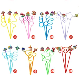Detailed view of colorful mushroom novelty drinking straws with fun spiral designs for party decor.