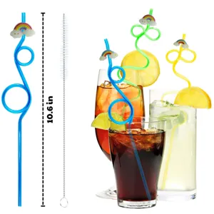Colorful curly party drinking straws with cute cartoon rainbow cloud toppers and cleaning brush.