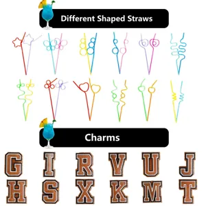 Colorful shaped plastic straws and glitter varsity letter charms for party decoration.