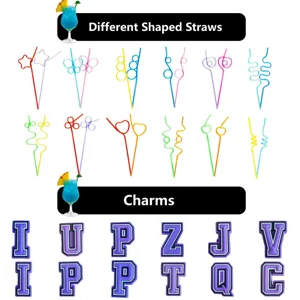 Various shaped party straws and purple varsity letter charms for creative drinking decoration.