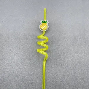 Creative pineapple straw with glitter, yellow curly plastic drinking straw for kids.