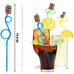 Colorful plastic curly drinking straws with glitter letter charms and cleaning brush for party.