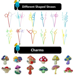 Colorful cartoon mushroom shoe charms and various shaped plastic party drinking straws set