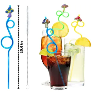 Colorful cartoon mushroom curly drinking straws with cleaning brush, 10.6 in long party drinkware.