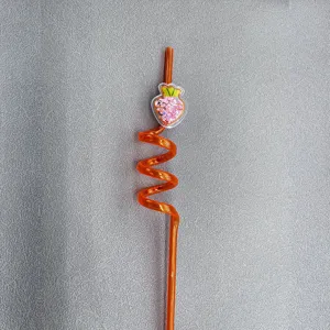 Cute plastic curly drinking straw with glitter strawberry fruit shape for daily drinks